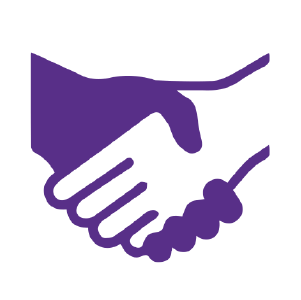 A purple and white icon of hands shaking.